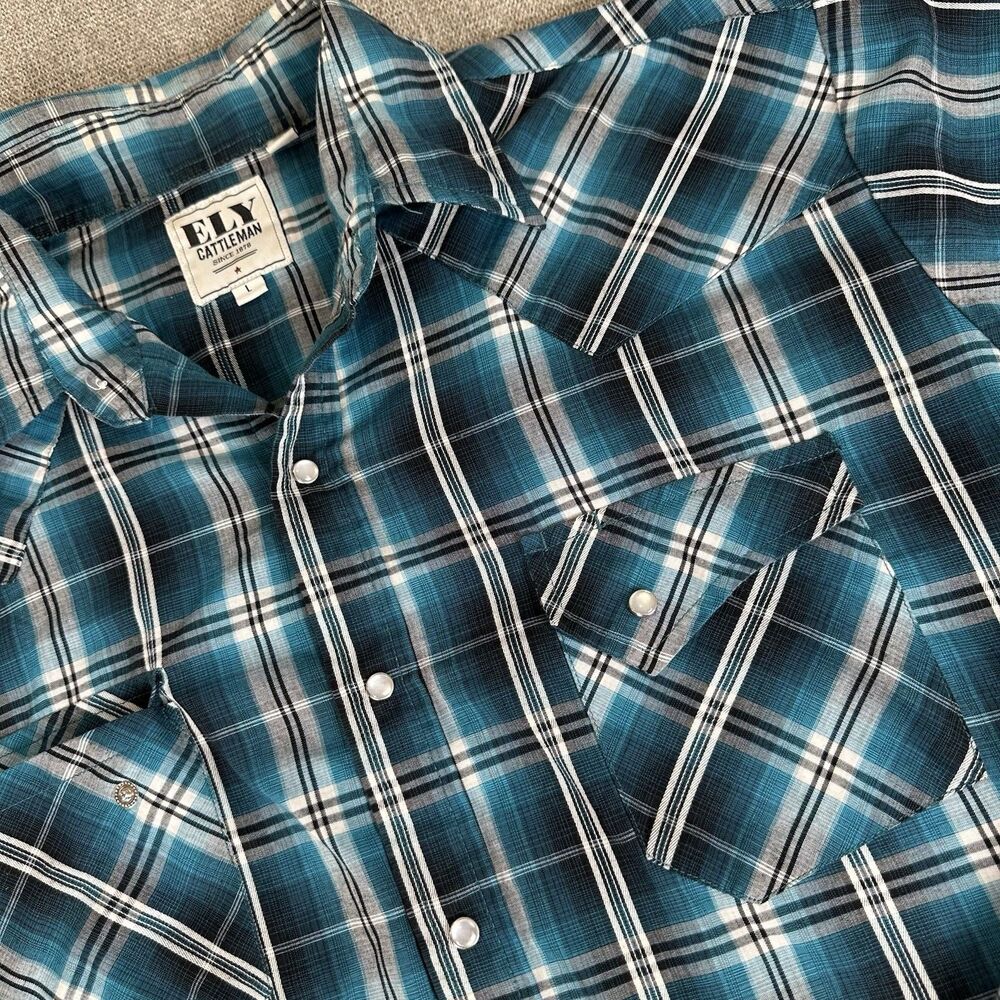 Ely Cattleman Western Pearl Snap Teal Plaid Long Sleeve Shirt Mens L Rodeo Gray
